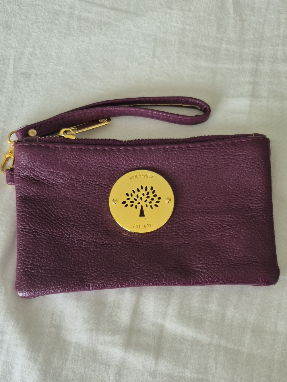 Mulberry Plum Leather Wristlet with Gold Tree Emblem